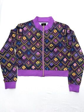 Baby Phat 1X Geometric Purple Gold Cat Logo Bomber Jacket Y2K Revival